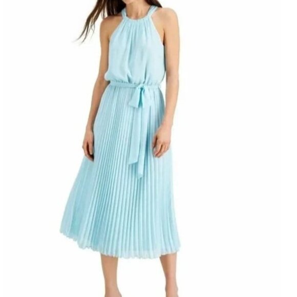 INC Midi Dress 12 Blue Ocean Sky Blouson Pleated Skirt Sleeveless NWT NEW - Picture 1 of 8